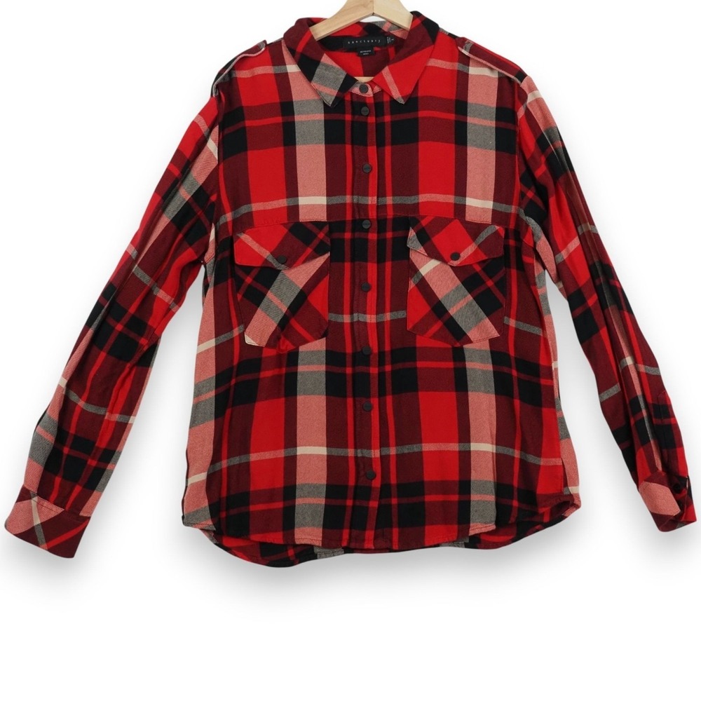 Sanctuary Womens Boyfriend Shirt Large Red Plaid Snap Button Top Spring Layering